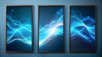 Wall Mural - set of three vertical poster, Digital  particles wave and light abstract , with frame, wallpaper background, 