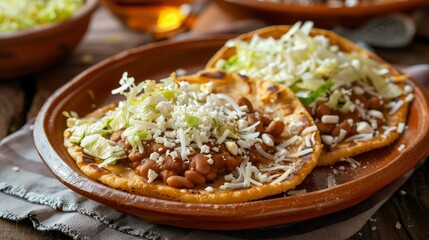 Wall Mural - A plate of freshly made sopes, topped with beans, cheese, and shredded lettuce.