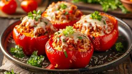 Wall Mural - A plate of stuffed bell peppers, filled with seasoned rice, ground meat, and melted cheese.