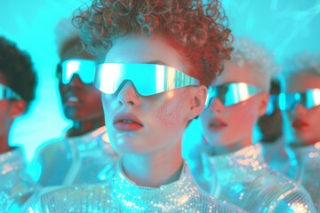Aufkleber - Futuristic Fashion Show: Group of Diverse Models in Space-Age Attire Under Neon Lights, Illustrating Sci-Fi Influence and Advanced Technology