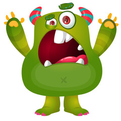 Canvas Print - Cartoon cute monster with funny excited face expression waving hands . Vector illustration isolated on white. Halloween design