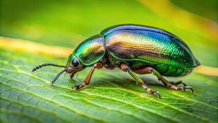 Poster - A close-up image of a beetle resting on a green leaf, beetle, insect, green, leaf, nature, wildlife, macro, close-up, bug