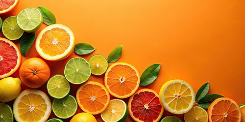 Poster - Abstract citrus fruit arrangement on a vibrant orange, yellow, and green background, citrus, fruits, abstract, arrangement