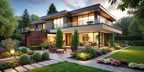 Poster - A cozy modern house with a beautiful garden , home, residential, architecture, exterior, design, property, living space