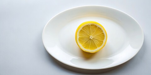 Sticker - A fresh lemon slice on a white plate , lemon, fruit, citrus, plate, yellow, vibrant, food, healthy, organic, bright, summer