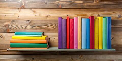 Poster - A stack of colorful books on a wooden shelf , education, literature, library, knowledge, reading, school, academic