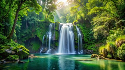 Wall Mural - A stunning waterfall nestled in the heart of a lush green forest, waterfall, forest, nature, scenic, picturesque