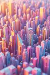 Sticker - D cityscape filled with pastel skyscrapers at dusk  AI generated illustration