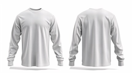 Wall Mural - Blank white long sleeve t-shirt with round collar, showing front and back views, for mockup design