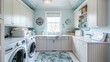 © Muhammad - A laundry room with a serene, beach-inspired design, featuring light blue walls, white cabinetry, and coastal-themed decor for a relaxing, oceanic feel