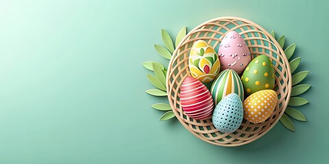 Poster - Abstract papercut Easter eggs in a basket decoration background, Easter, holiday, spring, papercut, decoration, colorful