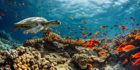 Wall Mural - beautiful underwater tropical coral reef scene with turtle and fish