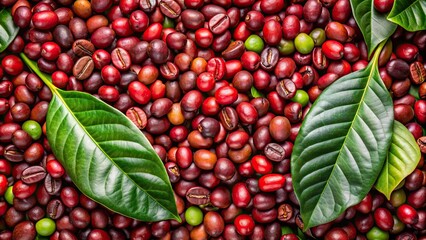 Poster - A close-up shot of coffee cherry beans and leaves , coffee, cherry, beans, leaves, organic, agriculture, harvest, plant, farm, tropical