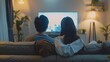 © pornsawan - Happy loving Couple holding bowl of popcorn on sofa,Evening cozy watching a movie or TV series in the living room at home,romantic spending time together,Relaxation concept.