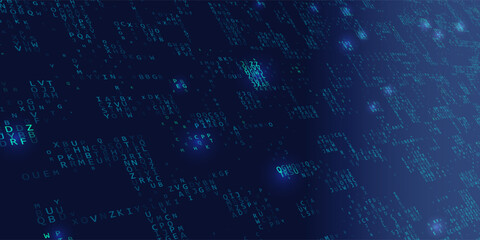 Abstract background chaotic letters perspective with glow on blue. Digital banner data for secure and data concept.