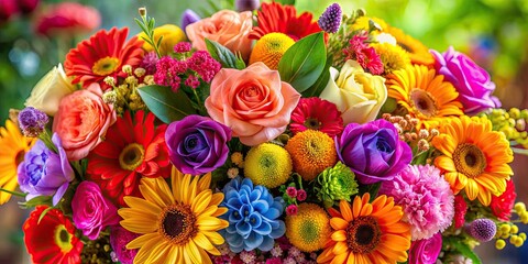 Poster - Explosion of vibrant flowers in a colorful bouquet, floral, blooming, vibrant, colorful, garden, nature, petals, beauty, botanical