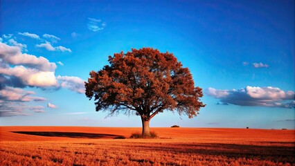 Poster - Solitary tree standing alone in an open field, lonely, isolated, nature, landscape, tranquil, serene, peaceful, alone, single