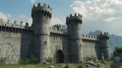 Wall Mural - medieval castle with battlements and towers  AI generated illustration