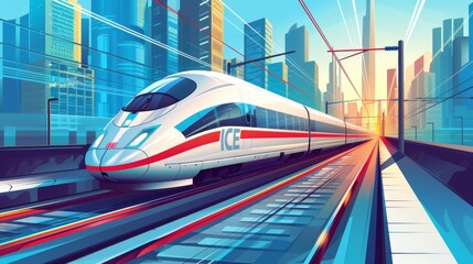 Sticker - style  illustration of a high-speed train passing through a city  AI generated illustration