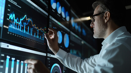  man in glasses is touching a large screen with graphs and charts on it
