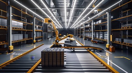 Sticker - An automated warehouse system with robotic arms and conveyor belts sorting and distributing products efficiently.