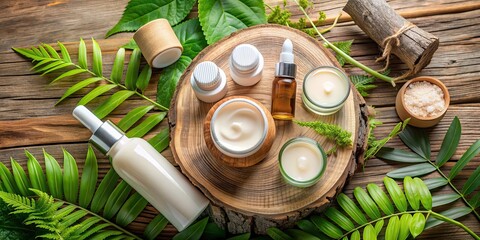 Canvas Print - High angle shot of skincare products placed on a wooden log with lush green foliage background , skincare, beauty