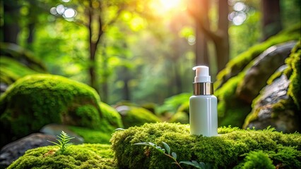 Canvas Print - Skin care product placed on a moss-covered rock in a lush forest setting, skincare, product, nature, environment, photography