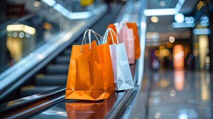 Wall Mural - Orange and white shopping bags cascading down on Luxury escalators in shopping center,empty bokeh mall,fashion style and shopping online concept,space for text.