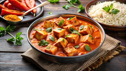 Wall Mural - Flavorful Paneer Tikka Masala on background , Indian cuisine, vegetarian, spicy, delicious, traditional, food, curry, dish, meal