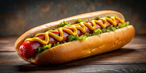 Poster - A delicious hot dog topped with mustard and ketchup, food, snack, fast food, street food, American cuisine, condiments