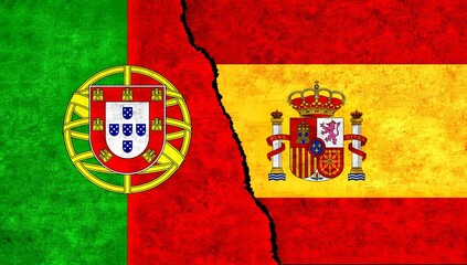 Wall Mural - Spain and Portugal flag together on wall. Portugal Spain relations, economy, relationship, trade concept