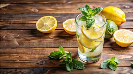 Canvas Print - Refreshing cocktail with lemon slices and mint leaves on a wooden table , cocktail, lemon, drink, beverage, refreshing, citrus