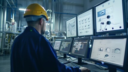 Poster - An industrial chemical process control room with operators using digital interfaces to monitor and adjust parameters.