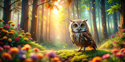 Sticker - Happy owl in a whimsical and colorful forest setting, owl, happy, cute, joyful, whimsical, colorful, forest, nature