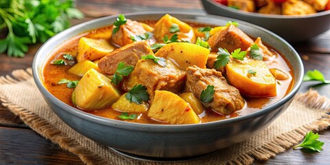 Poster - Close-up of a bowl of curry with potato pieces, chicken pieces, and herbs, curry, bowl, close-up, potato, chicken, herbs