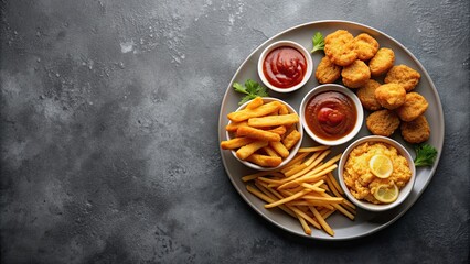 Sticker - Top view of three plates with french fries, chicken nuggets, and sauce, popular fast food items, fast food