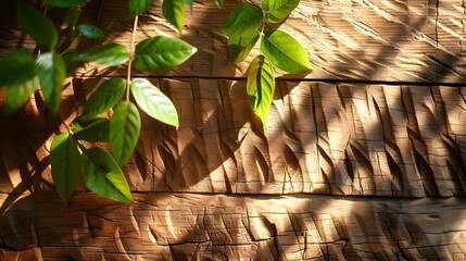 Poster - Vibrant Trumpet Vine Leaves Casting Warm Shadows on Carved Wooden Wedge