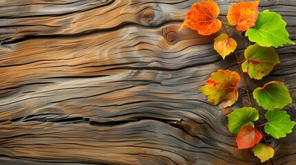 Poster - Colorful Autumn Leaves Arranged Against Weathered Wooden Wedge With Natural Grain Patterns