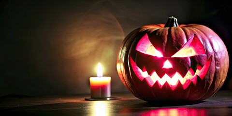 Poster - A spooky Halloween pumpkin with a carved face illuminated by a candle, Jack-o-lantern, autumn, decoration, festive, orange