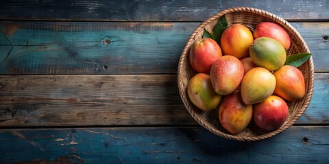 Poster - Fresh mangoes displayed on a rustic wooden table , mangoes, fresh, nature, sweetness, ripe, organic, tropical, juicy