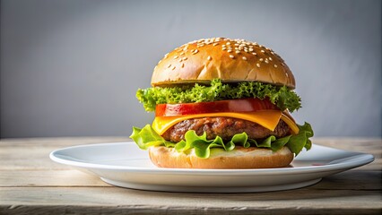 Poster - A delicious hamburger served on a white plate , fast food, burger, meal, lunch, American cuisine