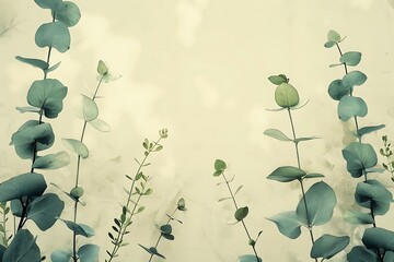 Wall Mural - A minimalist floral background in shades of green and cream, featuring simple eucalyptus silhouettes, soft textures, and a fresh aesthetic