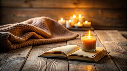 Canvas Print - A cozy atmosphere with an open book and a lit candle on a wooden table, reading, relaxation, cozy, ambiance, peaceful