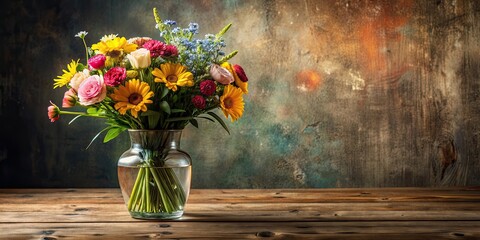 Wall Mural - A beautiful still life composition featuring a vase filled with fresh flowers on a wooden table, vase, flowers, still life