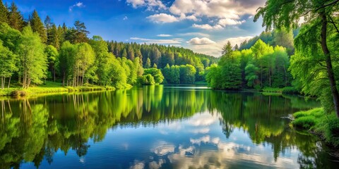 Sticker - A peaceful lake surrounded by lush green trees in a serene forest setting, nature, landscape, water, trees, calm