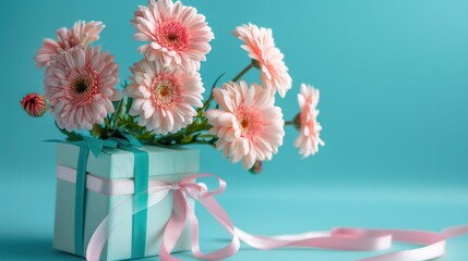 Canvas Print - Pink Gerbera Daisies in Gift Box on Blue Background