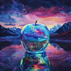 Wall Mural - Crystallized Apple Reflecting a Cityscape and Mountains