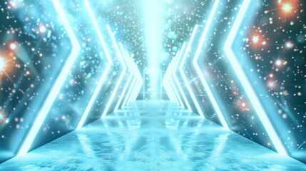 Aufkleber - Futuristic Digital Corridor: A Modern Vision with Abstract Geometric Shapes, Vibrant Blue and White Tones, Stars, and a High-Tech Vibe