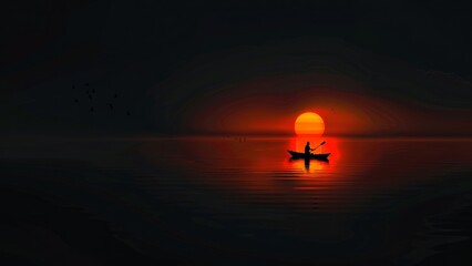 Poster - Silhouette of a man in a boat on the lake at sunset