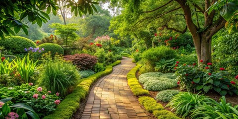 Sticker - A peaceful path winding through a lush garden , garden, path, peaceful, serene, nature, walkway, outdoors, landscape, greenery